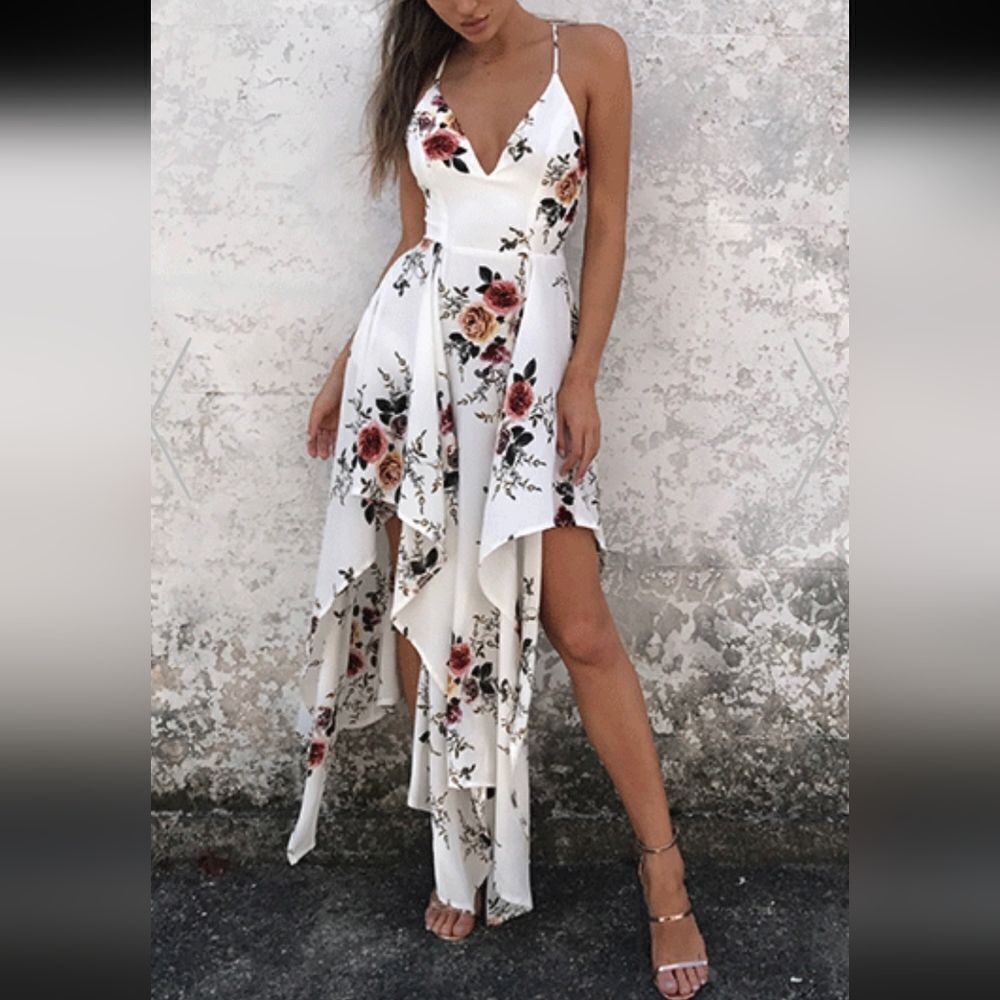 BRAN NEW FLORAL SEXY SPAGHETTI STRAP V-NECK LONGUETTE WOMEN'S DRESS